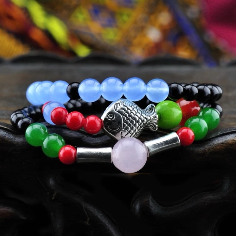 Multi-coloured beaded fish lucky bracelet